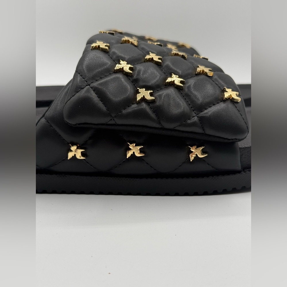 She Is Cheval Black Quilted Slide Sandals W/Gold Accents Comfort Designer Style - Picture 4 of 17